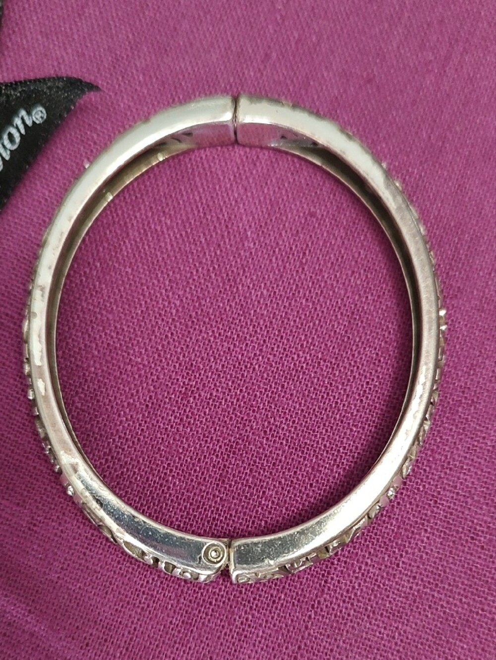 Brighton Silver Filigree Hinged Bangle Bracelet - Pink Background - Picture 6 of 6